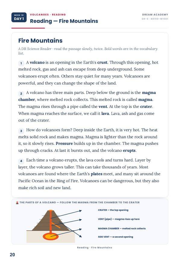 교재 Reading 지면: Fire Mountains 지문과 화산 단면 도해