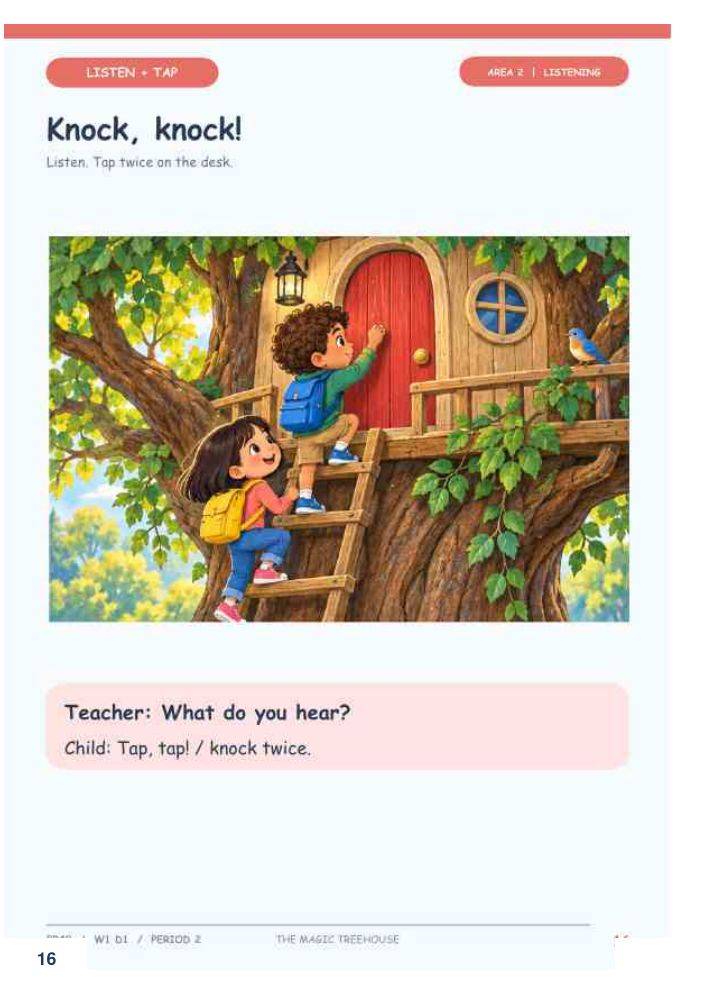 킨더 교재 듣기 지면: 빨간 문을 두드리는 아이 그림과 What do you hear 질문