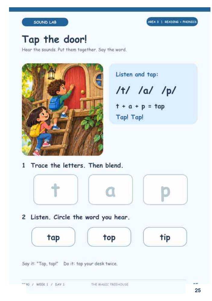 킨더 교재 파닉스 지면: t, a, p 글자를 따라 쓰고 tap으로 합치는 Sound Lab