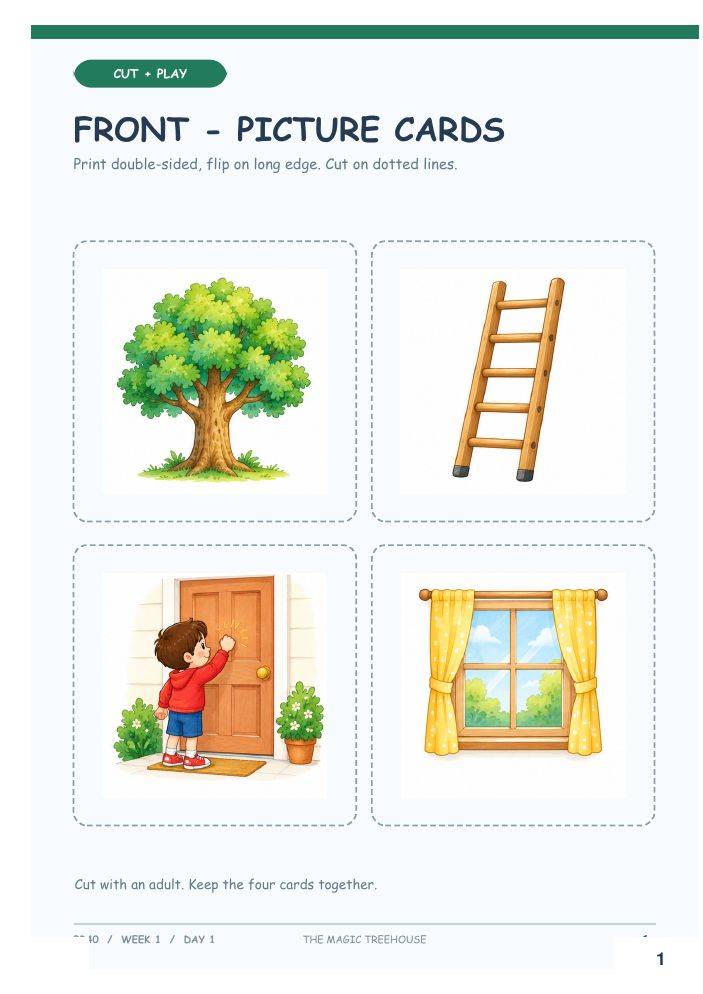 워드북 그림 카드 지면: 나무, 사다리, 문, 창문 카드를 점선대로 오리기