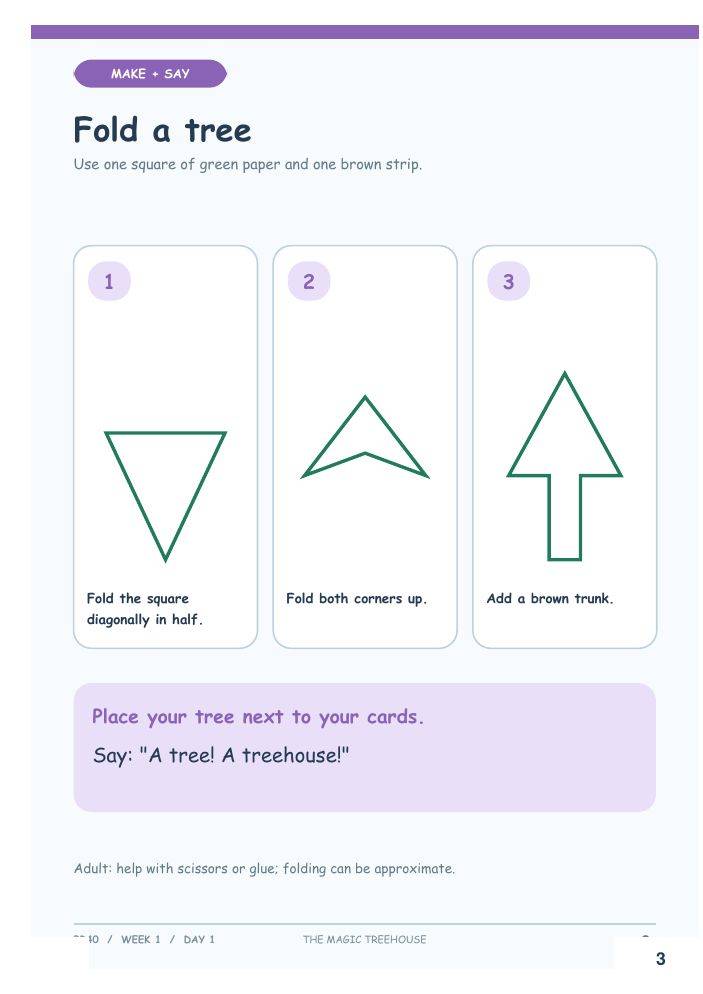 워드북 종이접기 지면: 초록 색종이를 세 단계로 접어 나무를 만드는 Fold a tree